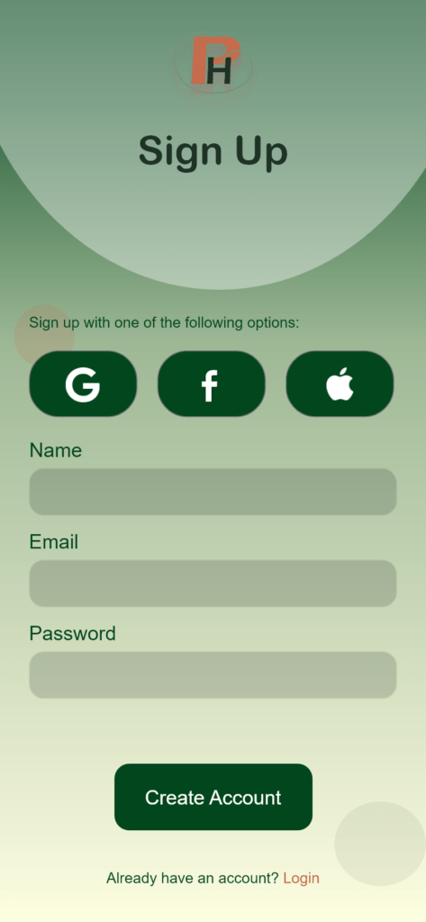 Sign up screen gives option to create account through google,facebook,apple or internal