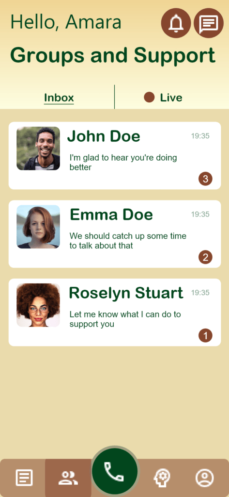 Support group shows inbox messages with people talked to and live sessions to join